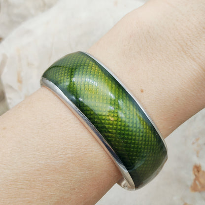 Vintage Gori Italian Sterling Silver Green Guilloché Enamel Cuff Bracelet