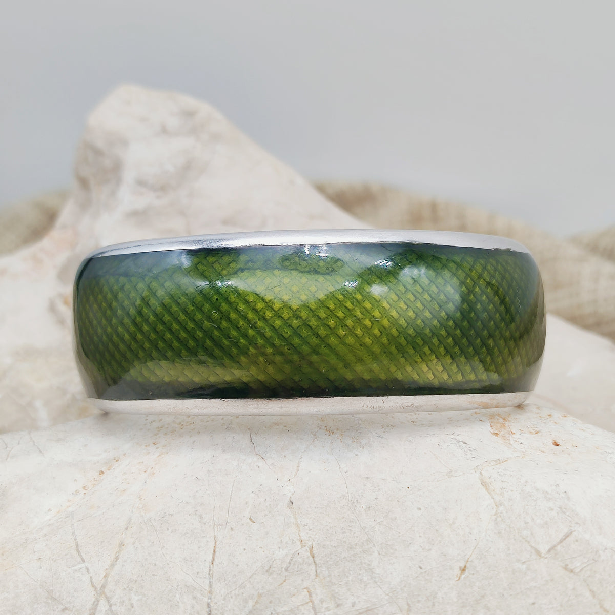Vintage Gori Italian Sterling Silver Green Guilloché Enamel Cuff Bracelet