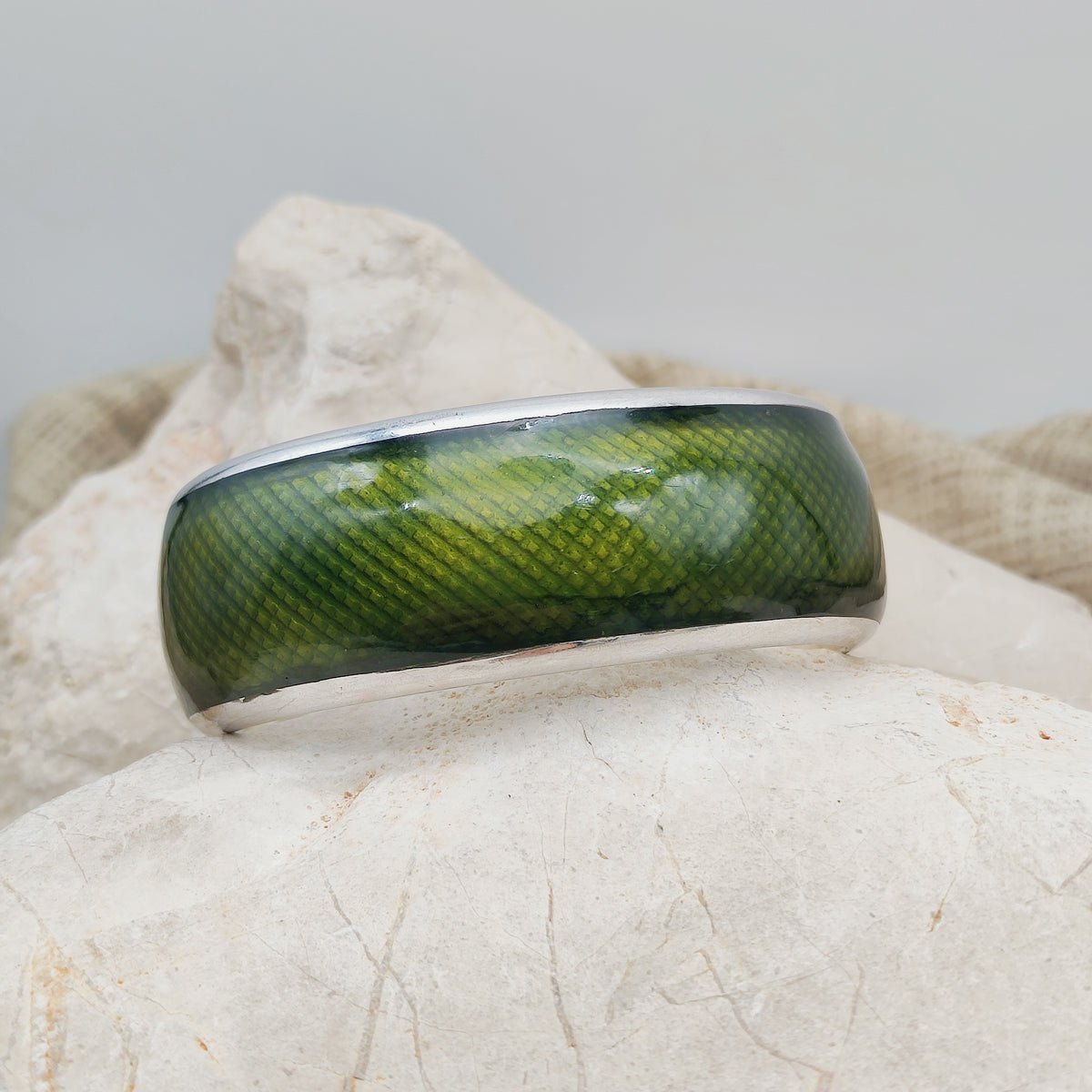 Vintage Gori Italian Sterling Silver Green Guilloché Enamel Cuff Bracelet