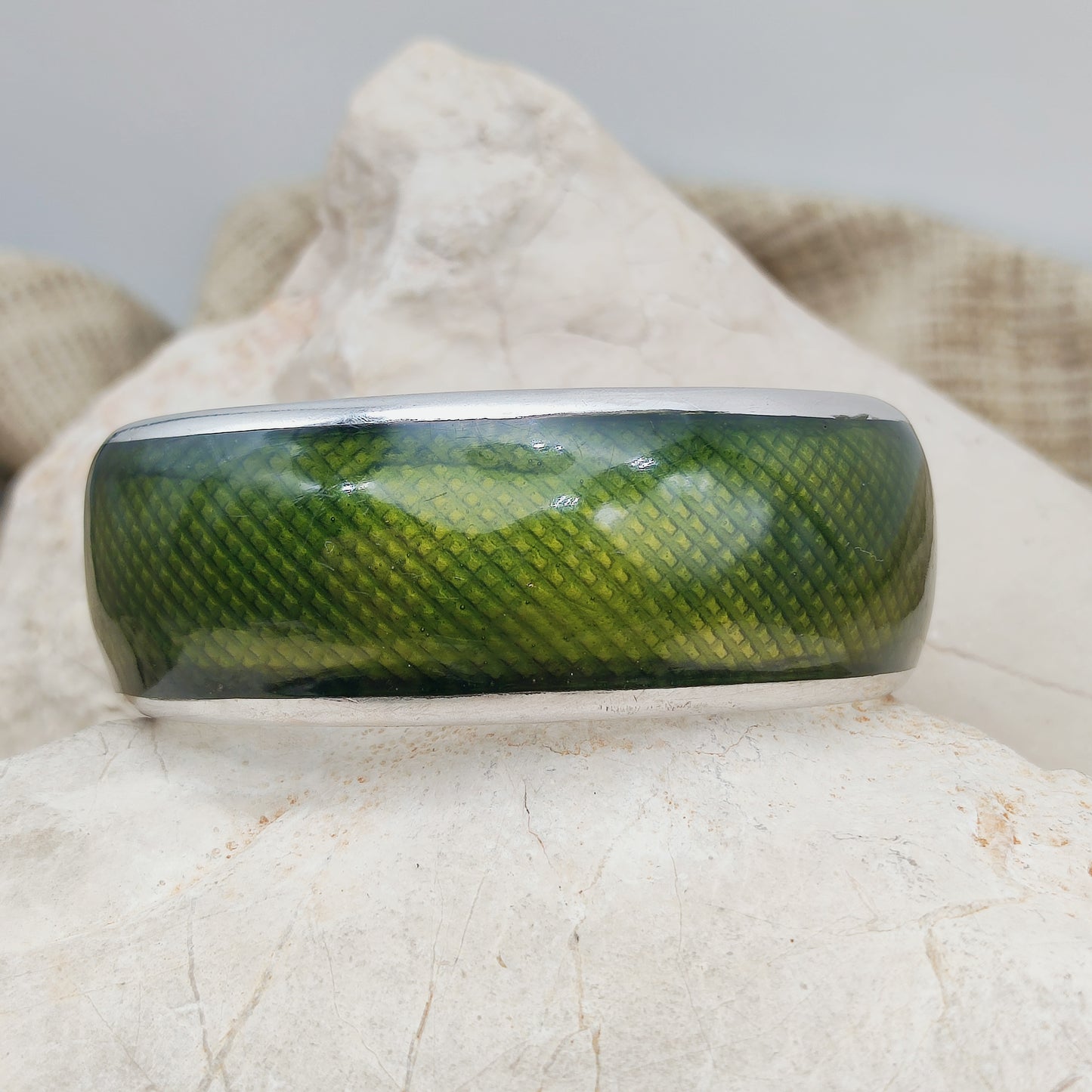 Vintage Gori Italian Sterling Silver Green Guilloché Enamel Cuff Bracelet