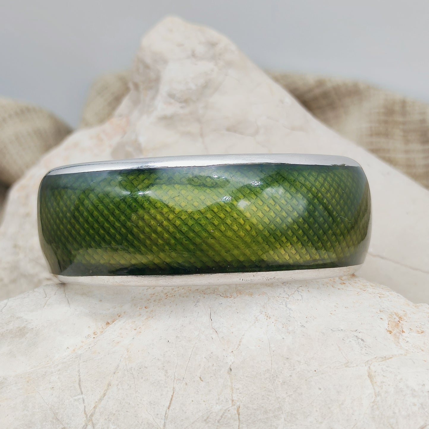 Vintage Gori Italian Sterling Silver Green Guilloché Enamel Cuff Bracelet