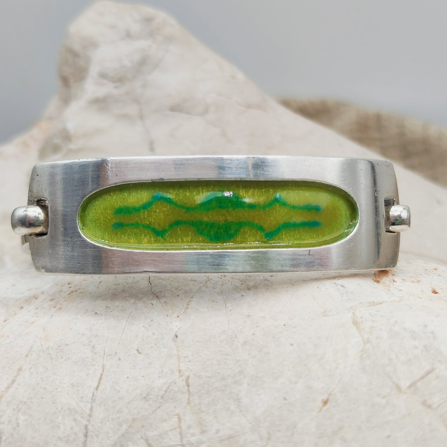 Vintage French bracelet in silver with green enamel - SIK, circa 1970