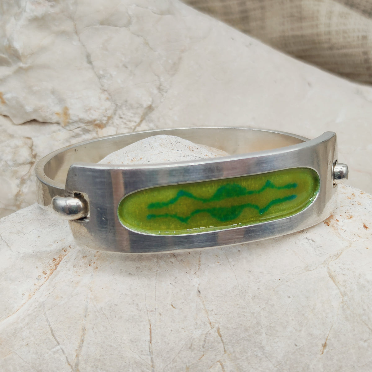 Vintage French bracelet in silver with green enamel - SIK, circa 1970