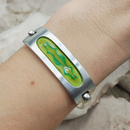 Vintage French bracelet in silver with green enamel - SIK, circa 1970