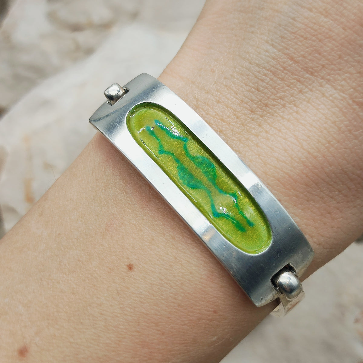 Vintage French bracelet in silver with green enamel - SIK, circa 1970