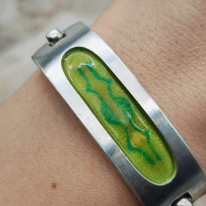 Vintage French bracelet in silver with green enamel - SIK, circa 1970