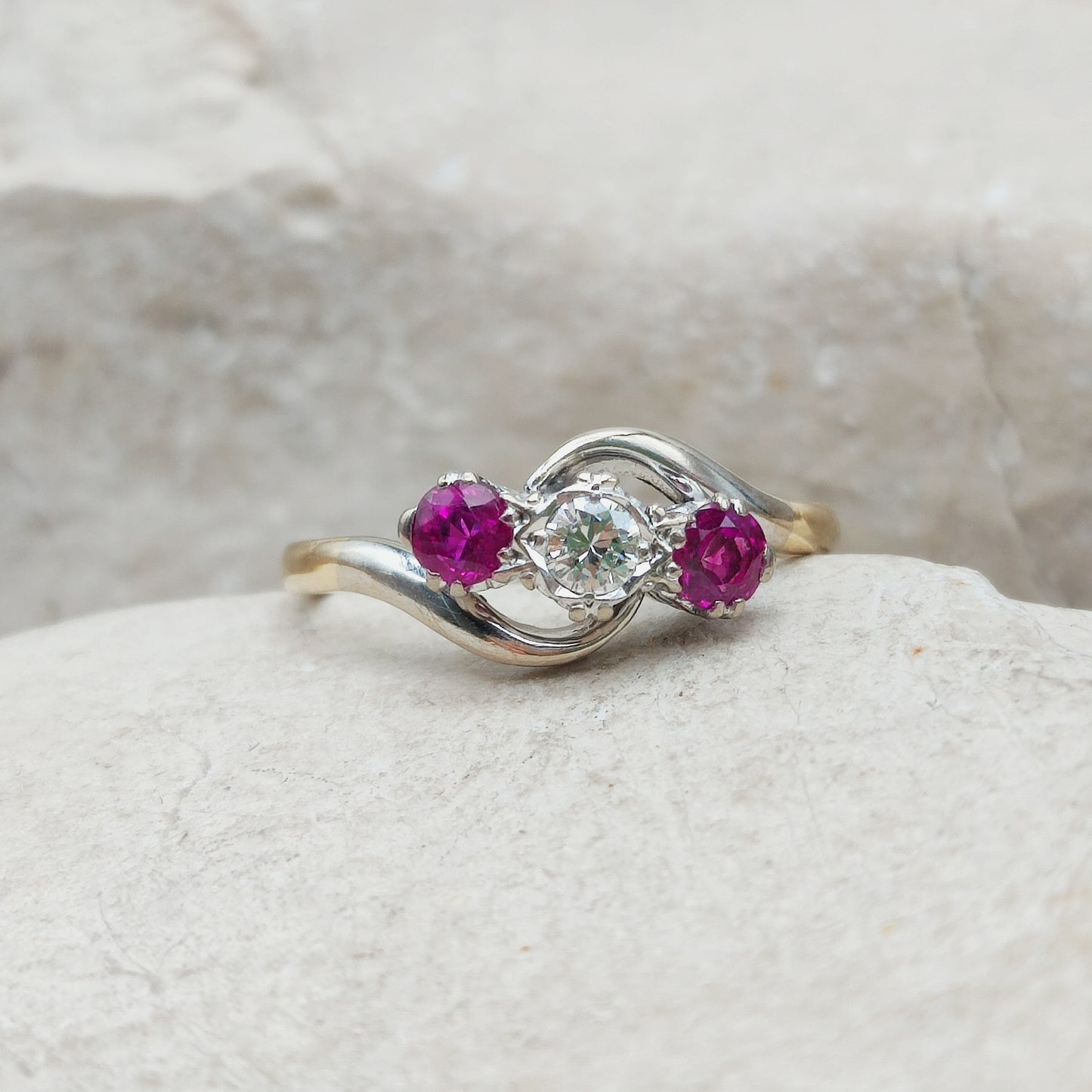 Art Deco Trilogy Bypass Ring with Ruby and Diamond in 18 Karat Gold & Platinum