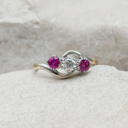 Art Deco Trilogy Bypass Ring with Ruby and Diamond in 18 Karat Gold & Platinum