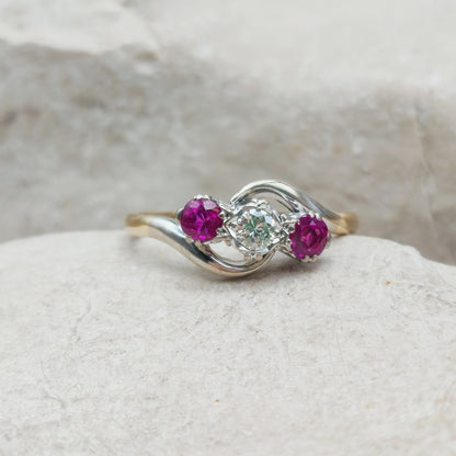 Art Deco Trilogy Bypass Ring with Ruby and Diamond in 18 Karat Gold & Platinum