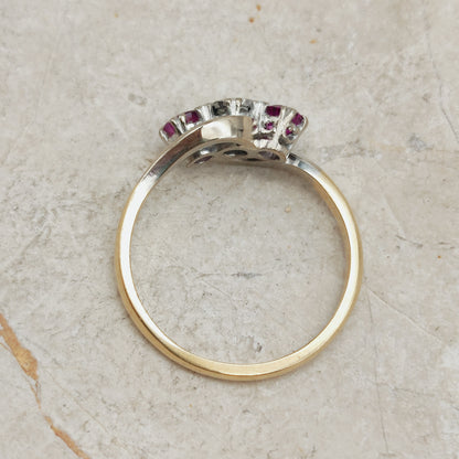 Art Deco Trilogy Bypass Ring with Ruby and Diamond in 18 Karat Gold & Platinum