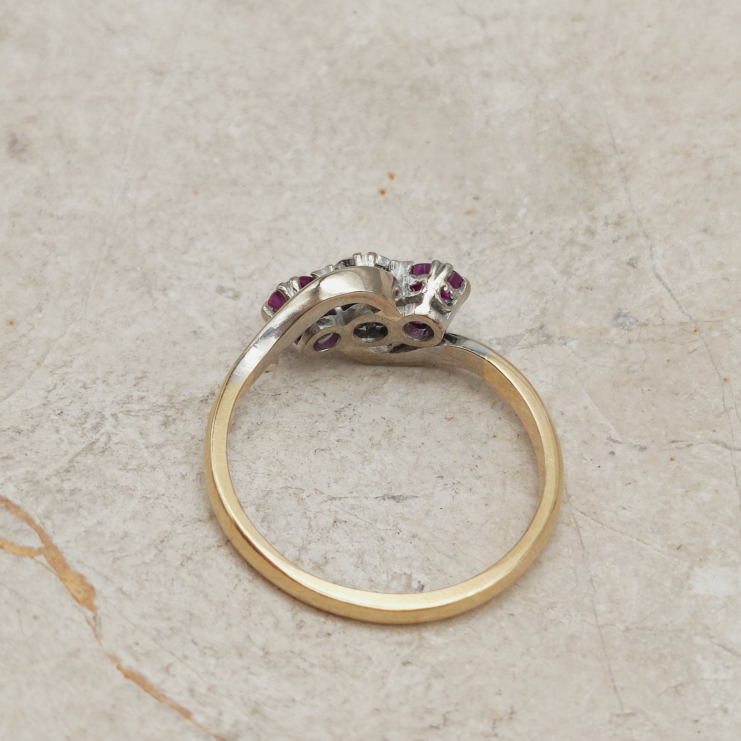 Art Deco Trilogy Bypass Ring with Ruby and Diamond in 18 Karat Gold & Platinum