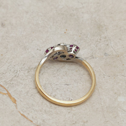 Art Deco Trilogy Bypass Ring with Ruby and Diamond in 18 Karat Gold & Platinum
