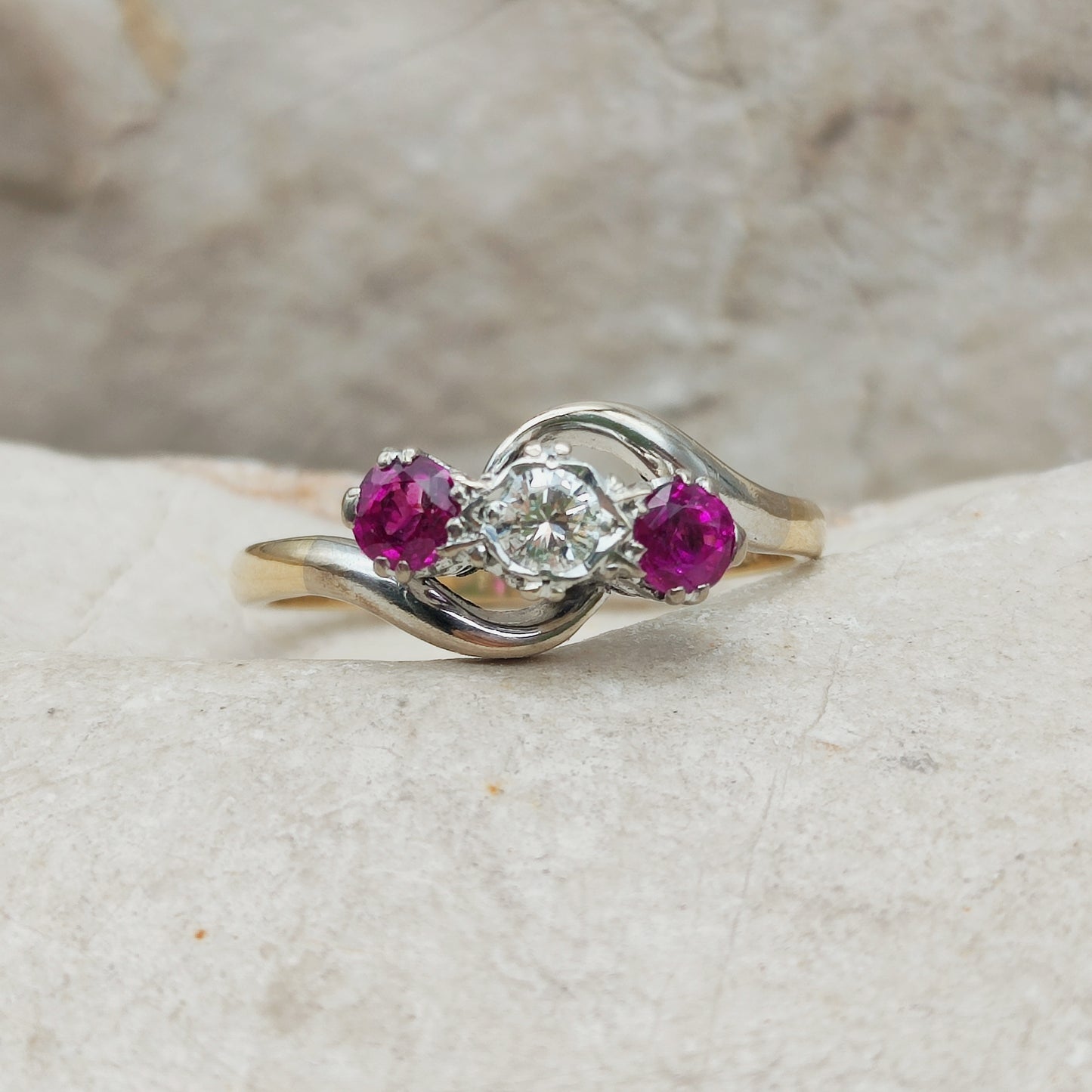 Art Deco Trilogy Bypass Ring with Ruby and Diamond in 18 Karat Gold & Platinum