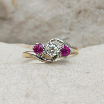 Art Deco Trilogy Bypass Ring with Ruby and Diamond in 18 Karat Gold & Platinum
