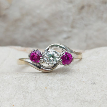 Art Deco Trilogy Bypass Ring with Ruby and Diamond in 18 Karat Gold & Platinum