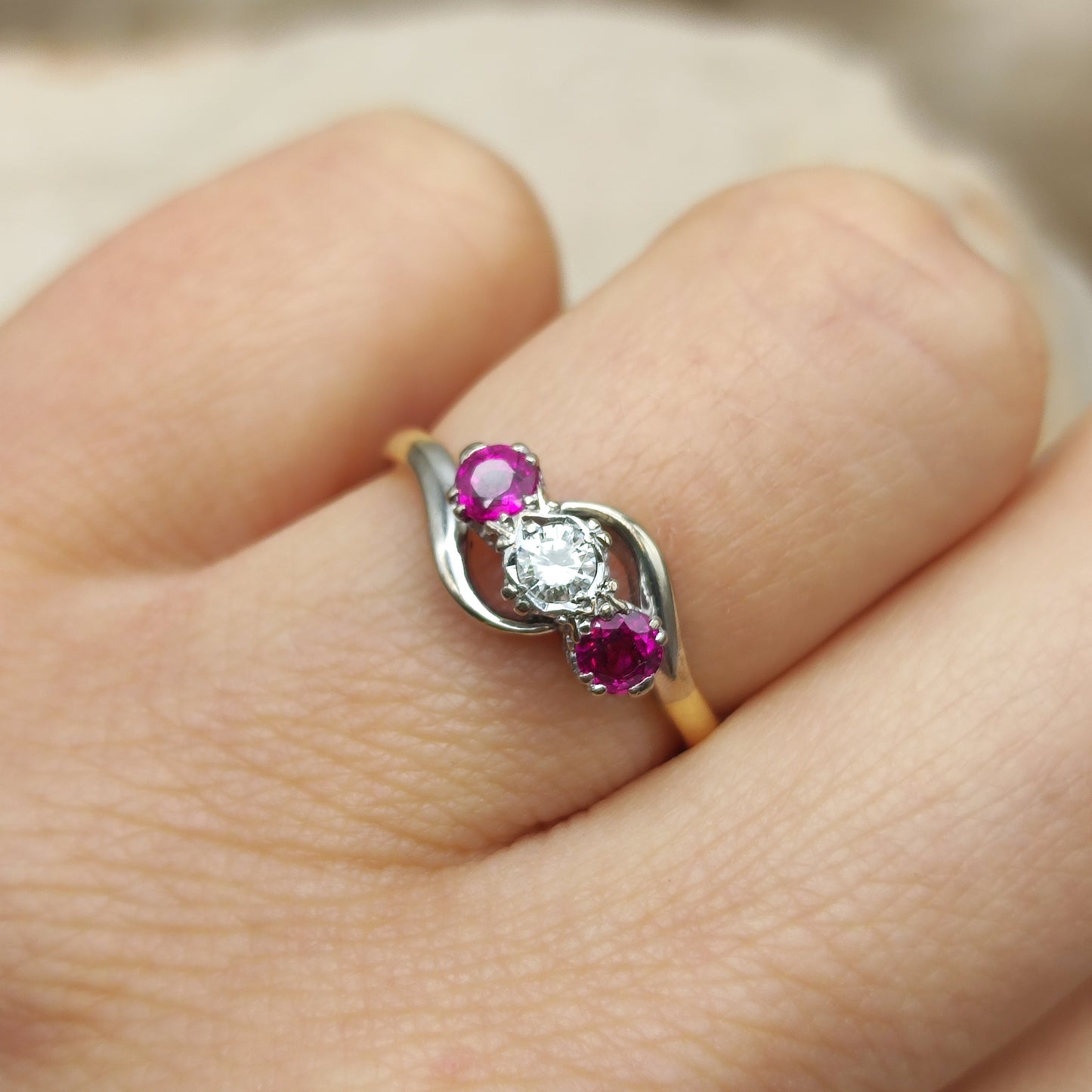 Art Deco Trilogy Bypass Ring with Ruby and Diamond in 18 Karat Gold & Platinum