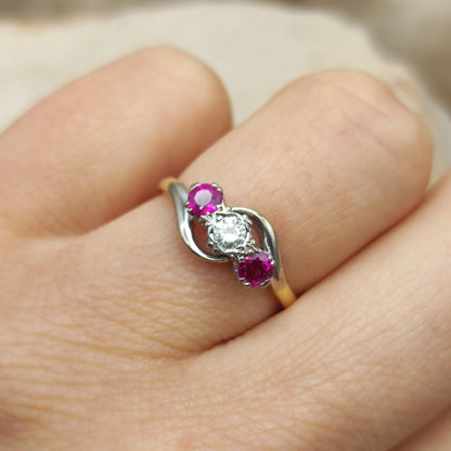 Art Deco Trilogy Bypass Ring with Ruby and Diamond in 18 Karat Gold & Platinum