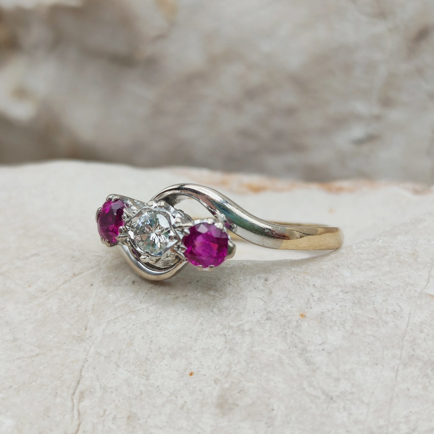 Art Deco Trilogy Bypass Ring with Ruby and Diamond in 18 Karat Gold & Platinum