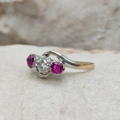 Art Deco Trilogy Bypass Ring with Ruby and Diamond in 18 Karat Gold & Platinum