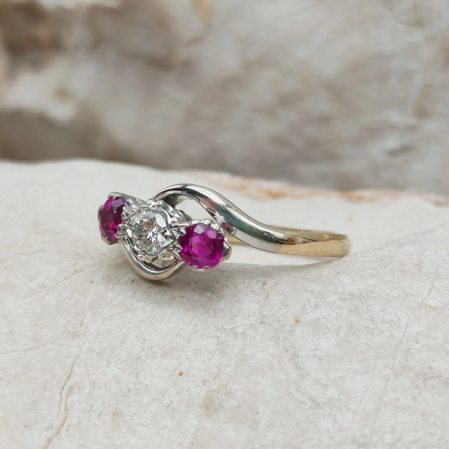 Art Deco Trilogy Bypass Ring with Ruby and Diamond in 18 Karat Gold & Platinum