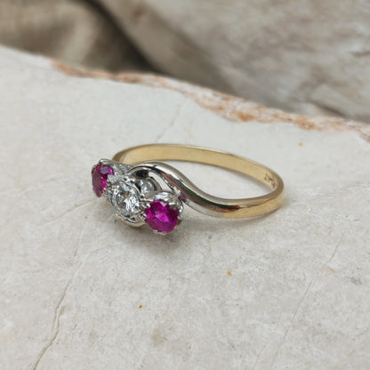 Art Deco Trilogy Bypass Ring with Ruby and Diamond in 18 Karat Gold & Platinum