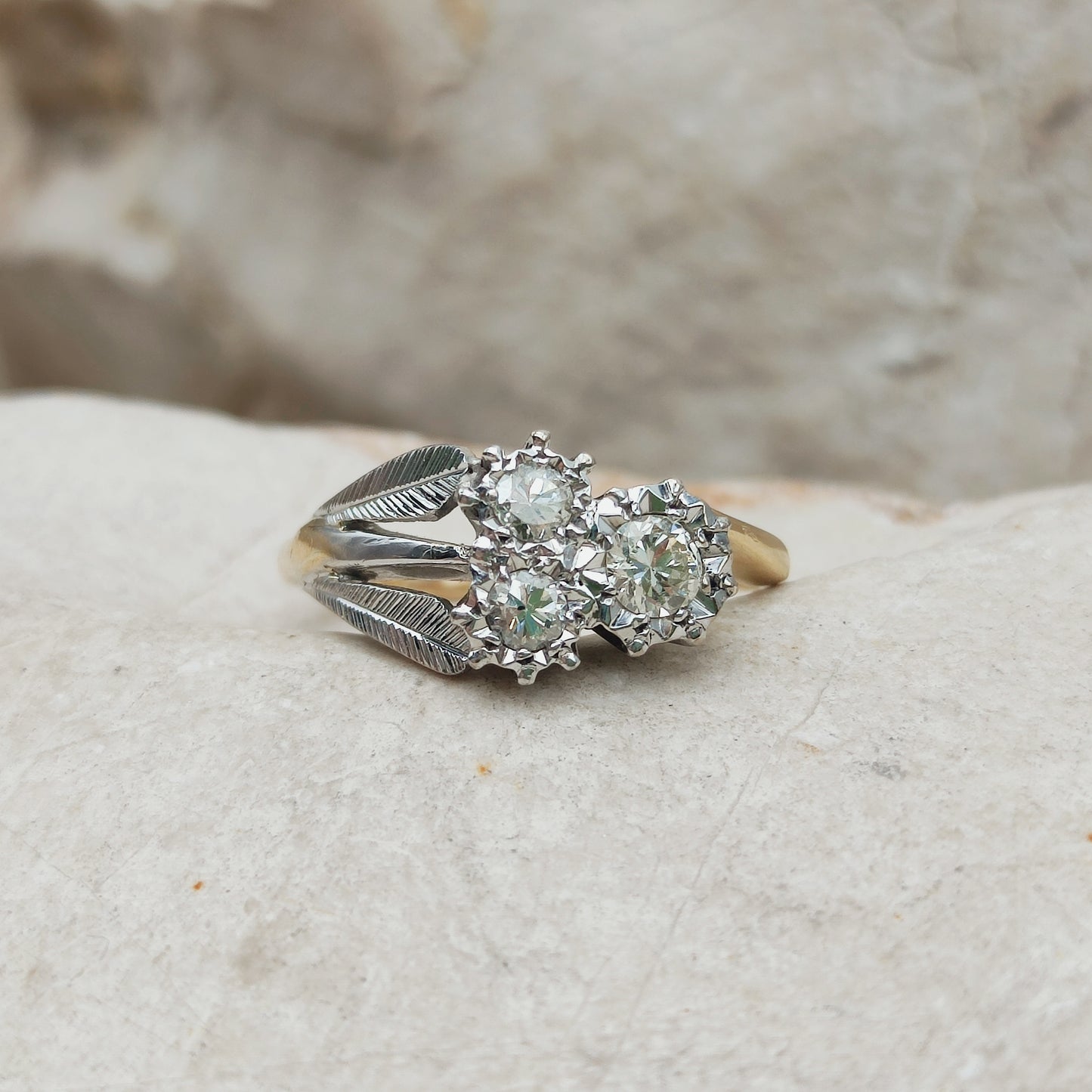 Art Deco Diamond Shamrock ring with Platinum Leaves and 18 Carat Gold