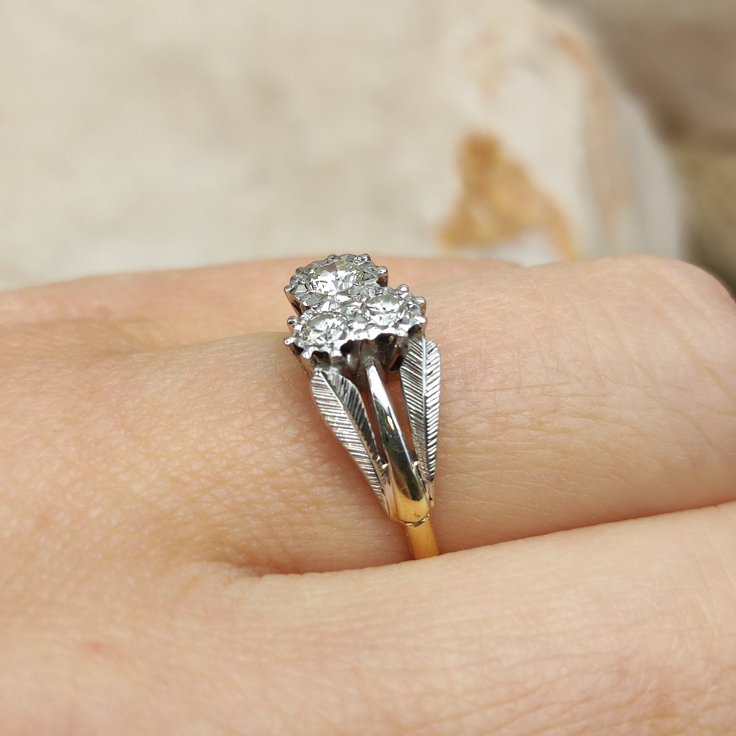 Art Deco Diamond Shamrock ring with Platinum Leaves and 18 Carat Gold