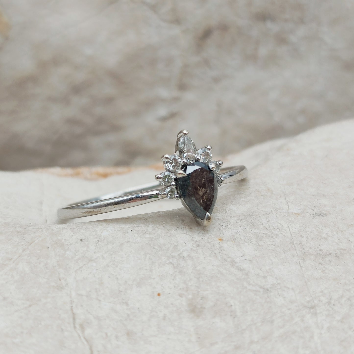 Modern 18 Karat white gold ring with Salt and Pepper diamond