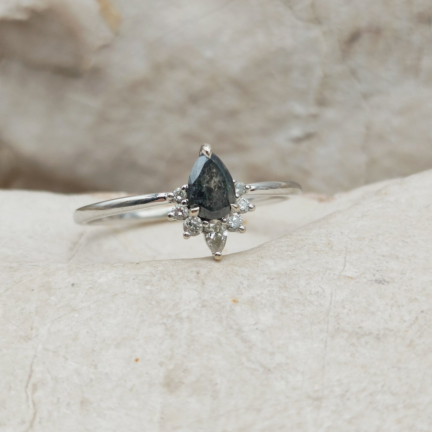 Modern 18 Karat white gold ring with Salt and Pepper diamond