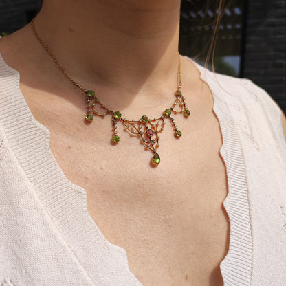 Antique Victorian Lavalier Necklace with Peridot, Topaz and Seed Pearls in 14 & 15 Carat gold