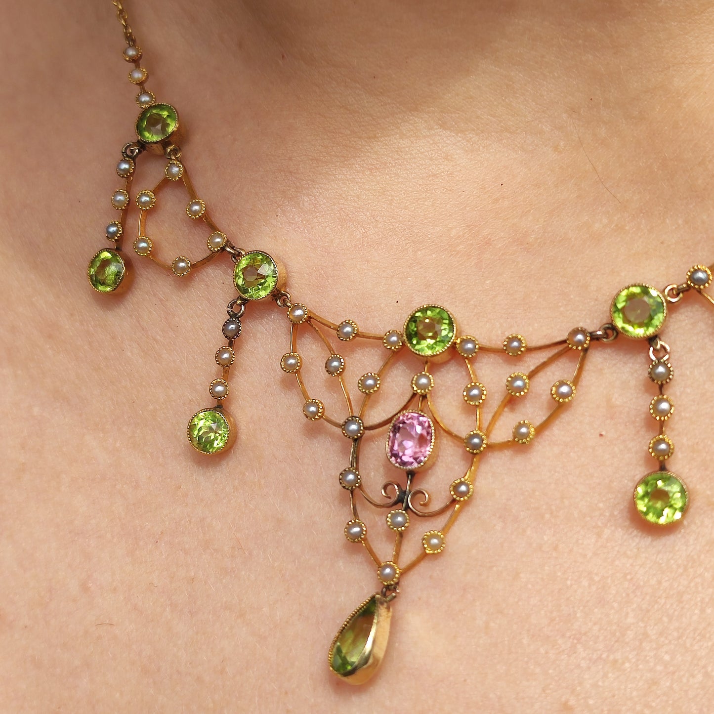 Antique Victorian Lavalier Necklace with Peridot, Topaz and Seed Pearls in 14 & 15 Carat gold