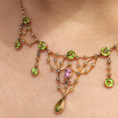 Antique Victorian Lavalier Necklace with Peridot, Topaz and Seed Pearls in 14 & 15 Carat gold