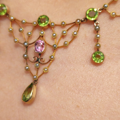 Antique Victorian Lavalier Necklace with Peridot, Topaz and Seed Pearls in 14 & 15 Carat gold