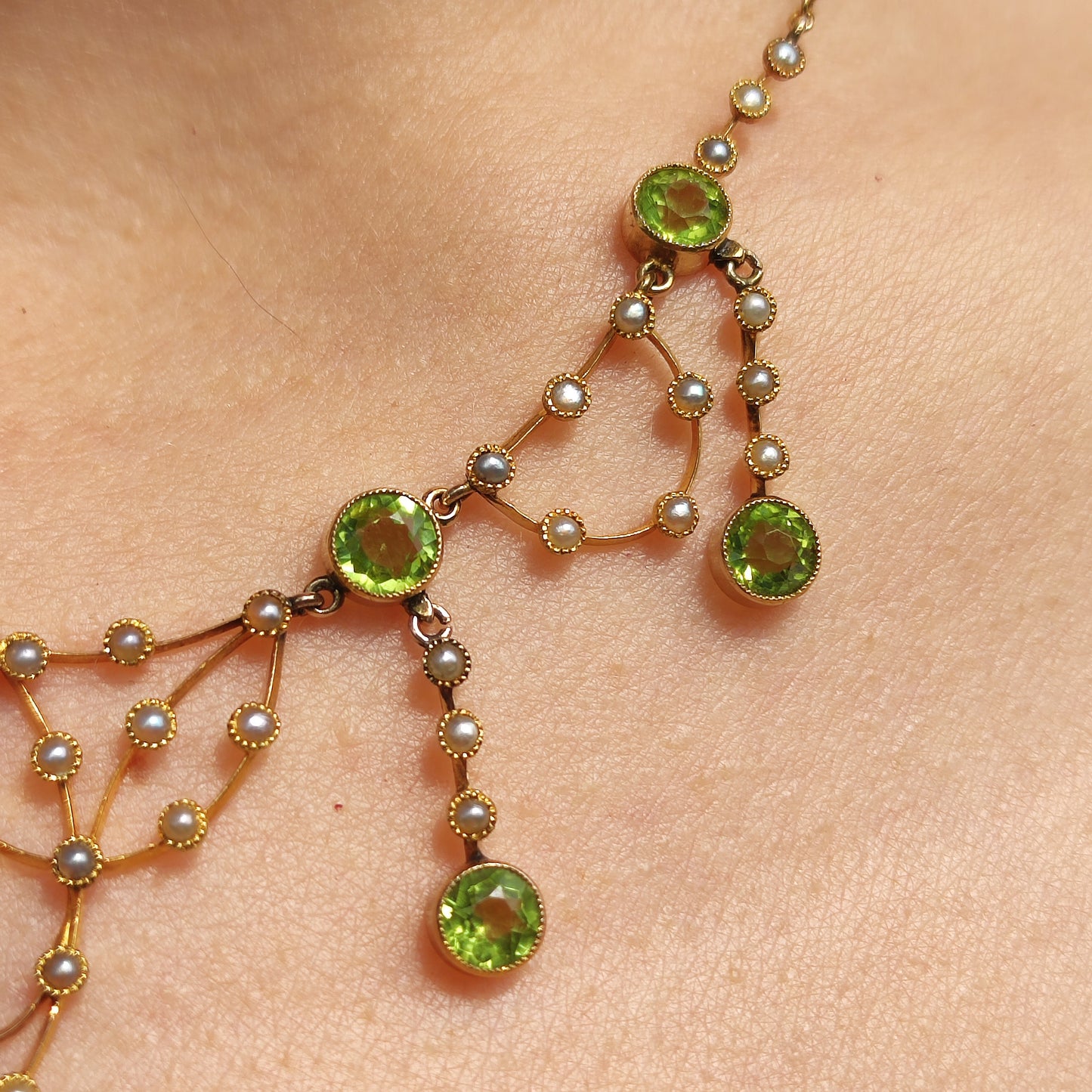 Antique Victorian Lavalier Necklace with Peridot, Topaz and Seed Pearls in 14 & 15 Carat gold