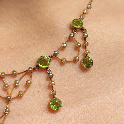 Antique Victorian Lavalier Necklace with Peridot, Topaz and Seed Pearls in 14 & 15 Carat gold