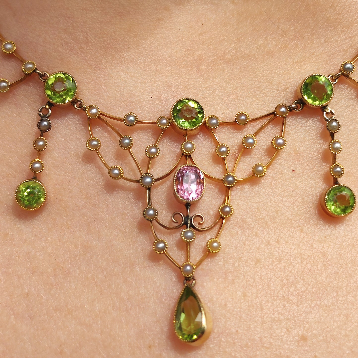 Antique Victorian Lavalier Necklace with Peridot, Topaz and Seed Pearls in 14 & 15 Carat gold