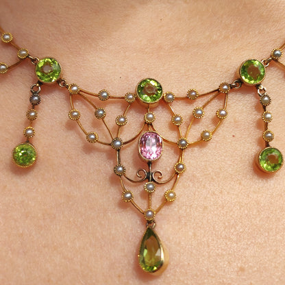 Antique Victorian Lavalier Necklace with Peridot, Topaz and Seed Pearls in 14 & 15 Carat gold