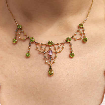 Antique Victorian Lavalier Necklace with Peridot, Topaz and Seed Pearls in 14 & 15 Carat gold