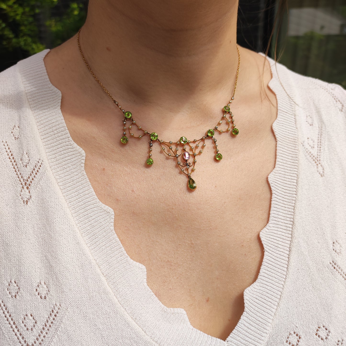 Antique Victorian Lavalier Necklace with Peridot, Topaz and Seed Pearls in 14 & 15 Carat gold