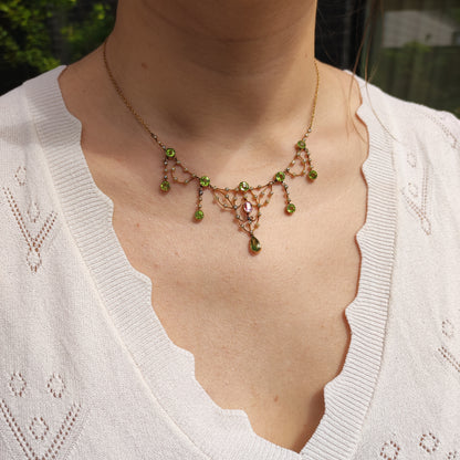 Antique Victorian Lavalier Necklace with Peridot, Topaz and Seed Pearls in 14 & 15 Carat gold
