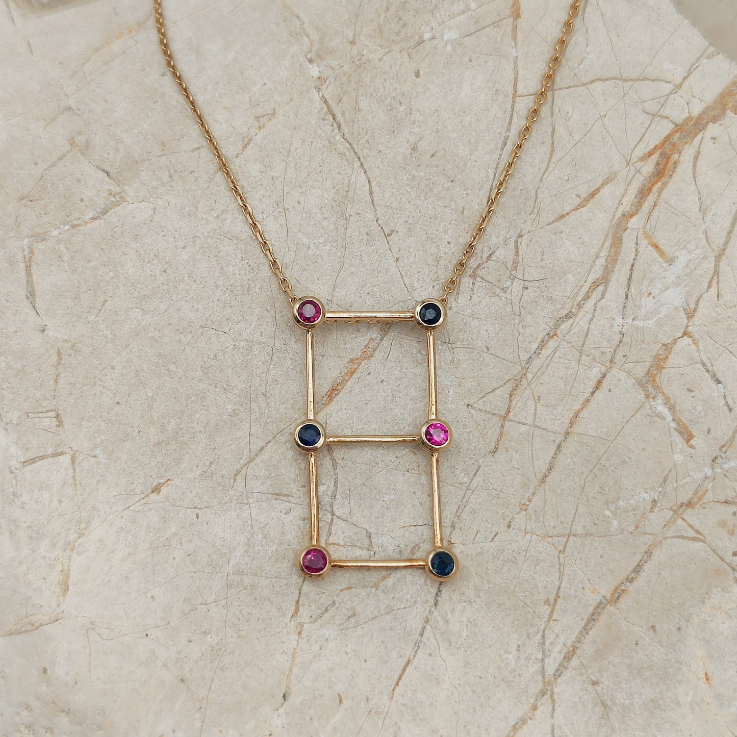 Vintage French Necklace with Rubies and Sapphires in 18 Carat Gold