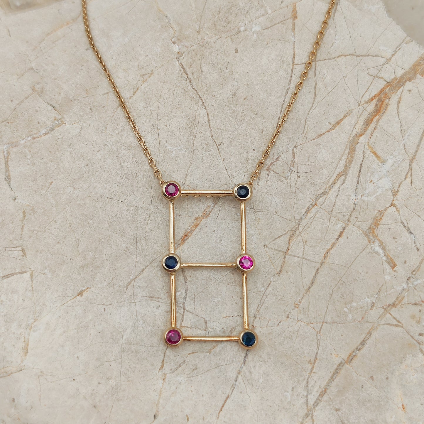 Vintage French Necklace with Rubies and Sapphires in 18 Carat Gold