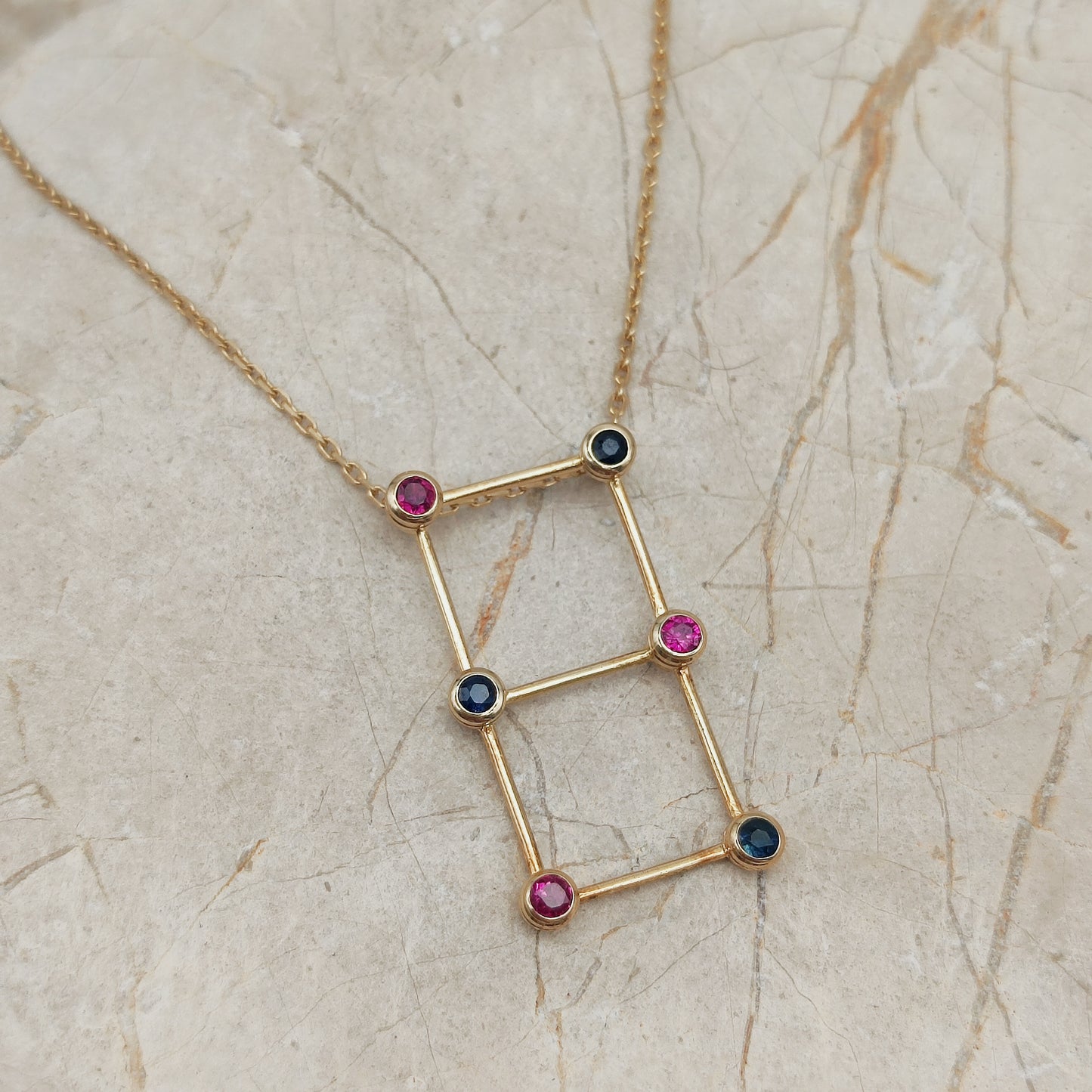 Vintage French Necklace with Rubies and Sapphires in 18 Carat Gold