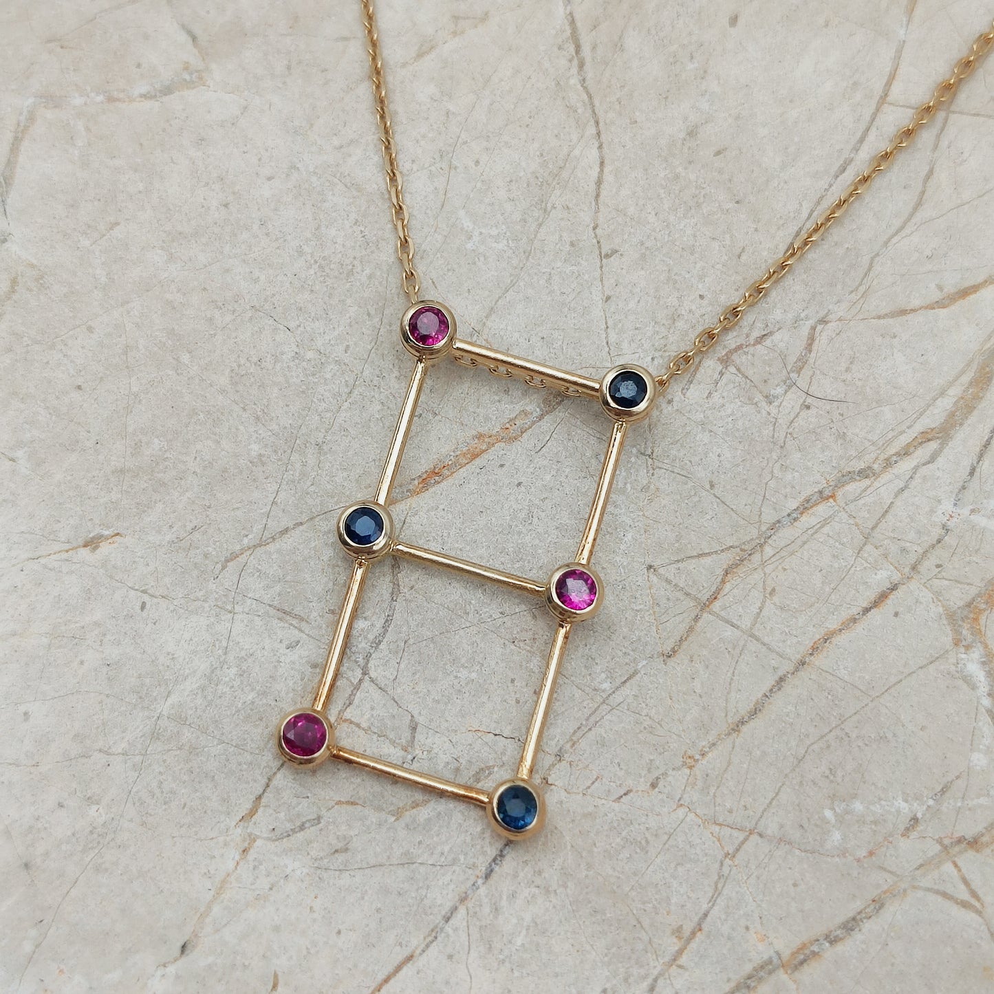 Vintage French Necklace with Rubies and Sapphires in 18 Carat Gold