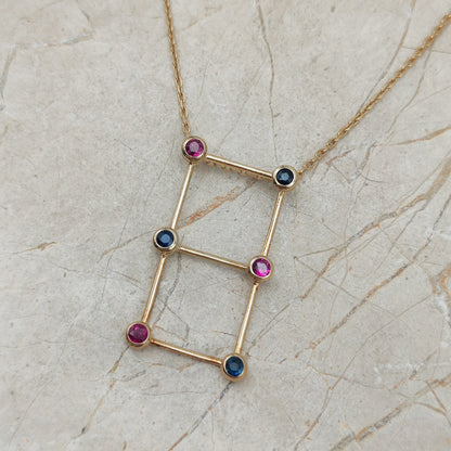 Vintage French Necklace with Rubies and Sapphires in 18 Carat Gold