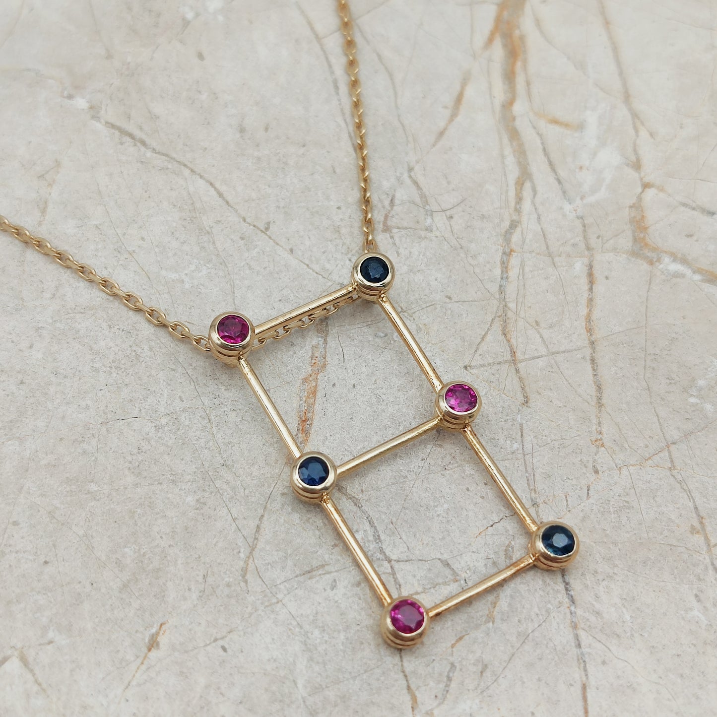 Vintage French Necklace with Rubies and Sapphires in 18 Carat Gold