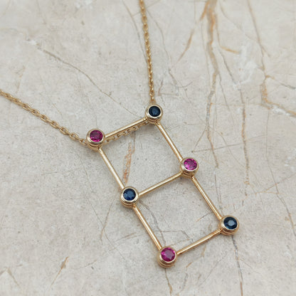 Vintage French Necklace with Rubies and Sapphires in 18 Carat Gold