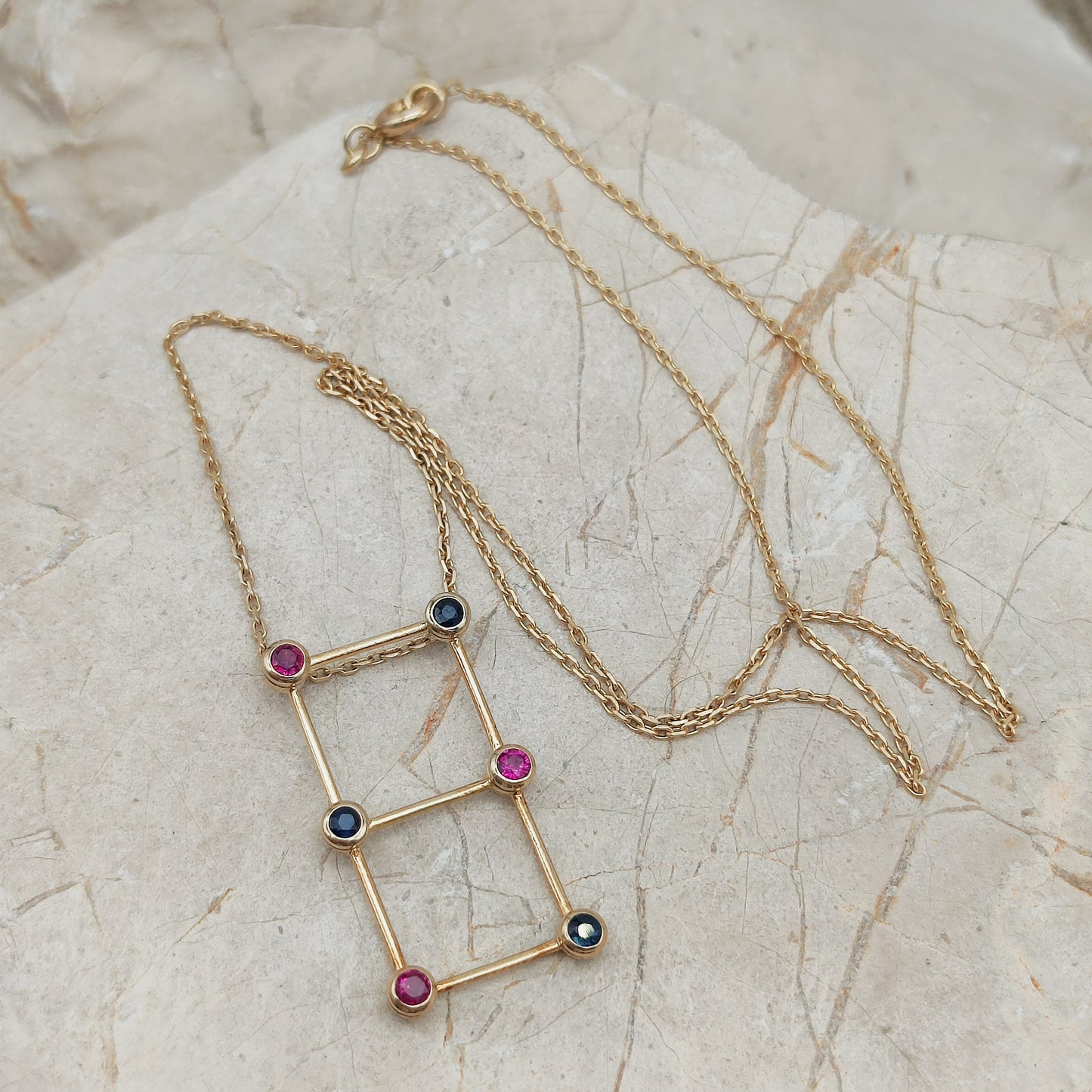Vintage French Necklace with Rubies and Sapphires in 18 Carat Gold