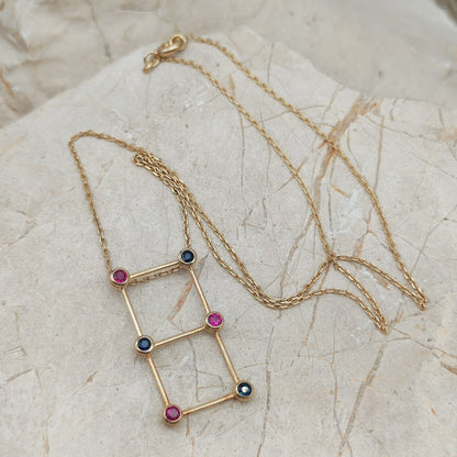 Vintage French Necklace with Rubies and Sapphires in 18 Carat Gold
