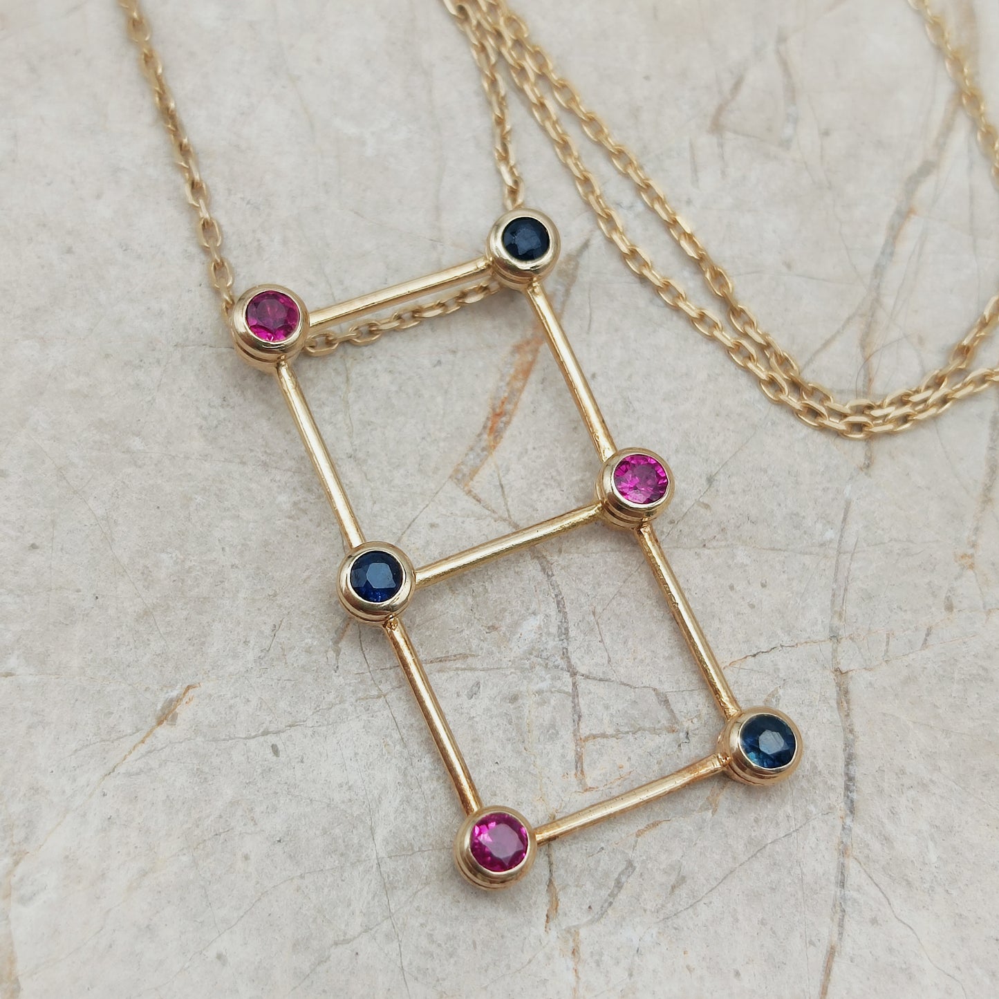 Vintage French Necklace with Rubies and Sapphires in 18 Carat Gold